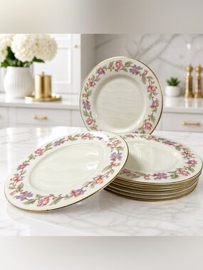 Castleton Fantasy Salad Plates 8 3/8” Floral Gold Trim USA Set of 8 Vintage
